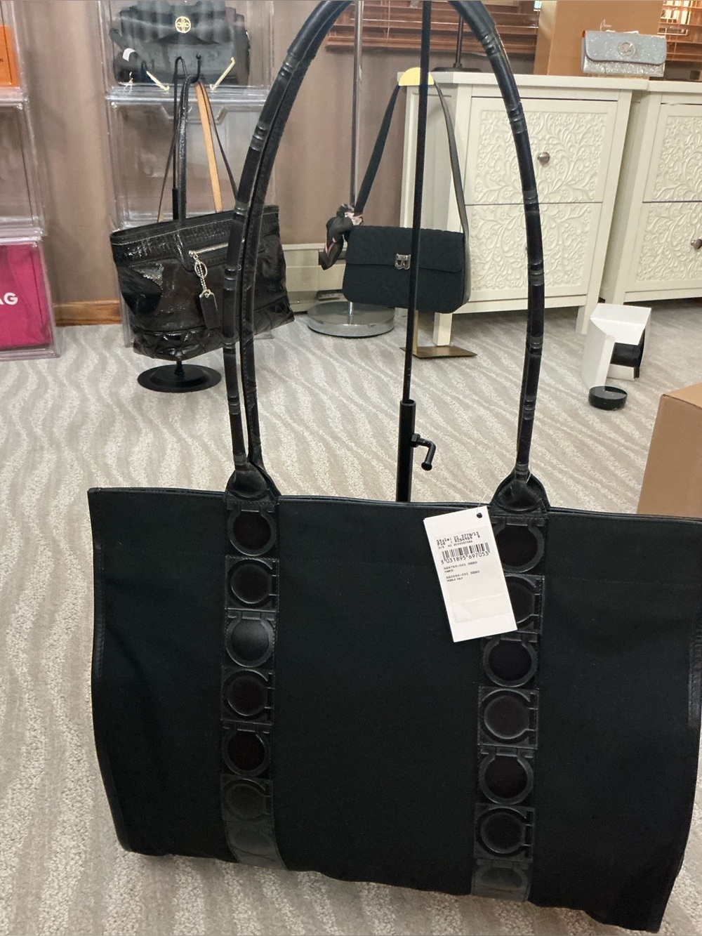 Salvatore Ferragamo Black Gancini Canvas Tote Bag Large Shoulder Shopper - Picture 6 of 16